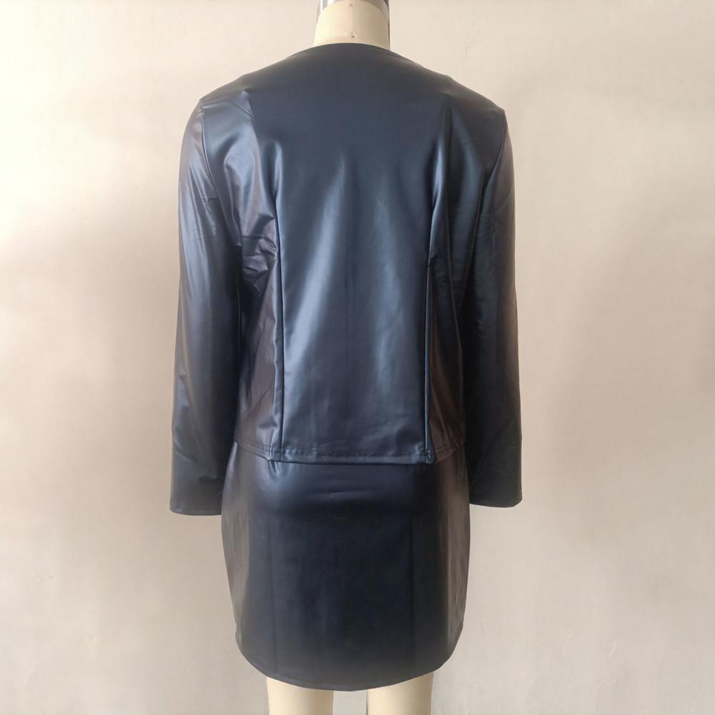 Leather Work Outfit - 여성 가죽풍 스커트 슈트 심플 스커트