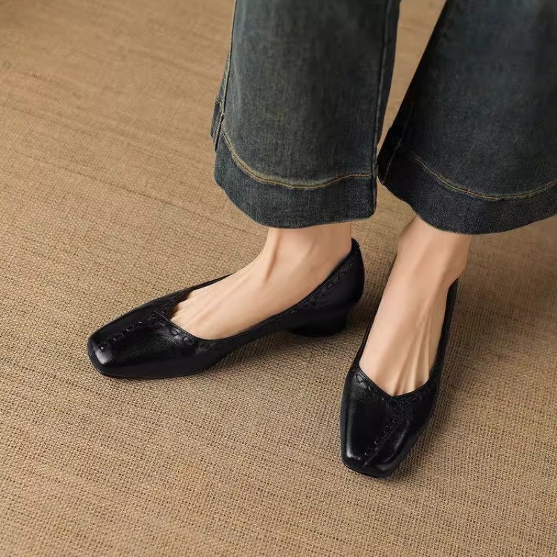 여성용 우아한 스퀘어 토 청키 힐 플랫 슈즈, 부드러운 - Leather Work Outfit 리뷰 및 가격