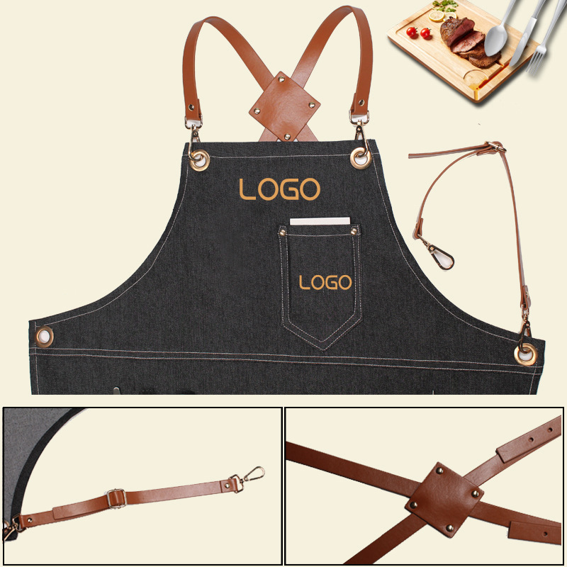 플로럴 PU 가죽 스트랩 데님 작업 앞치마 (바리스타, - Leatherwork Logo 리뷰 및 가격